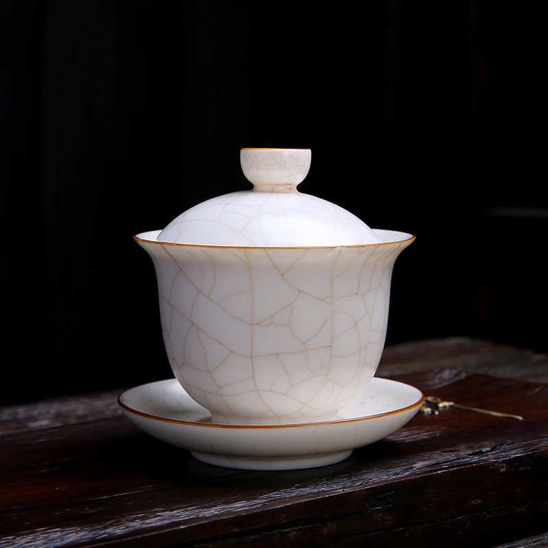 羊脂玉白瓷汝窑单个盖碗整套功夫茶具复古家用泡茶碗茶杯开片可养