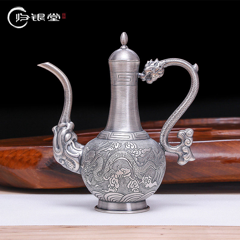 纯银999银酒壶银酒杯家用蟠龙纯手工复古中式白酒壶银酒具银酒器