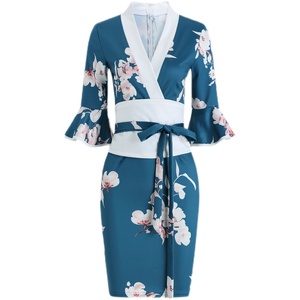 Large flower waist shaping wrap hip kimono dress