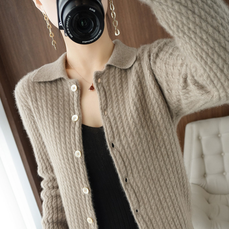 秋冬新款polo领羊毛开衫女复古小麻花100纯羊毛针织翻领毛衣外套