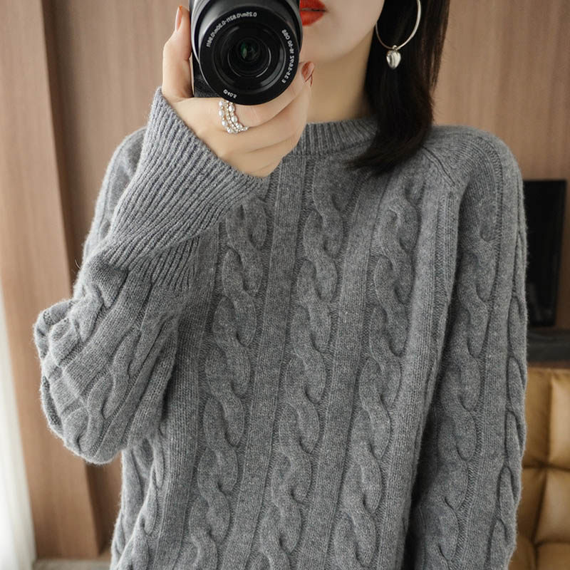 圆领复古麻花羊绒衫女2021秋冬新款套头毛衣宽松加厚纯羊毛针织衫