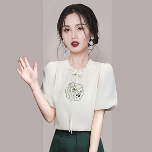 新中式国风刺绣衬衫女2024夏季新款气质高级感减龄荷叶领短袖上衣