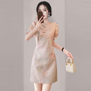 新中式气质显瘦改良旗袍裙2024新款女装小个子高级感泡泡袖A字裙