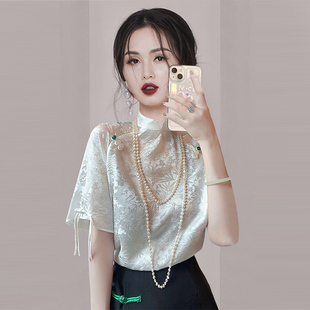 新中式国风真丝提花衬衫2024夏季新款小众独特别致设计感白色上衣