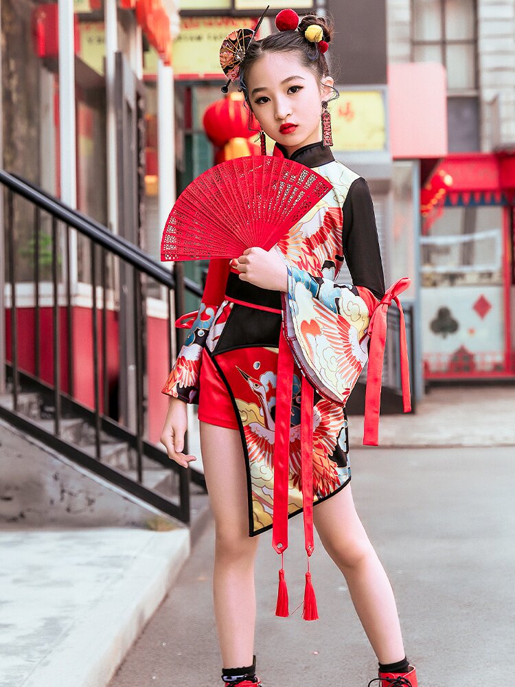 少儿国潮走秀演出服套装六一儿童演出服新款夏季女童模中国风旗袍