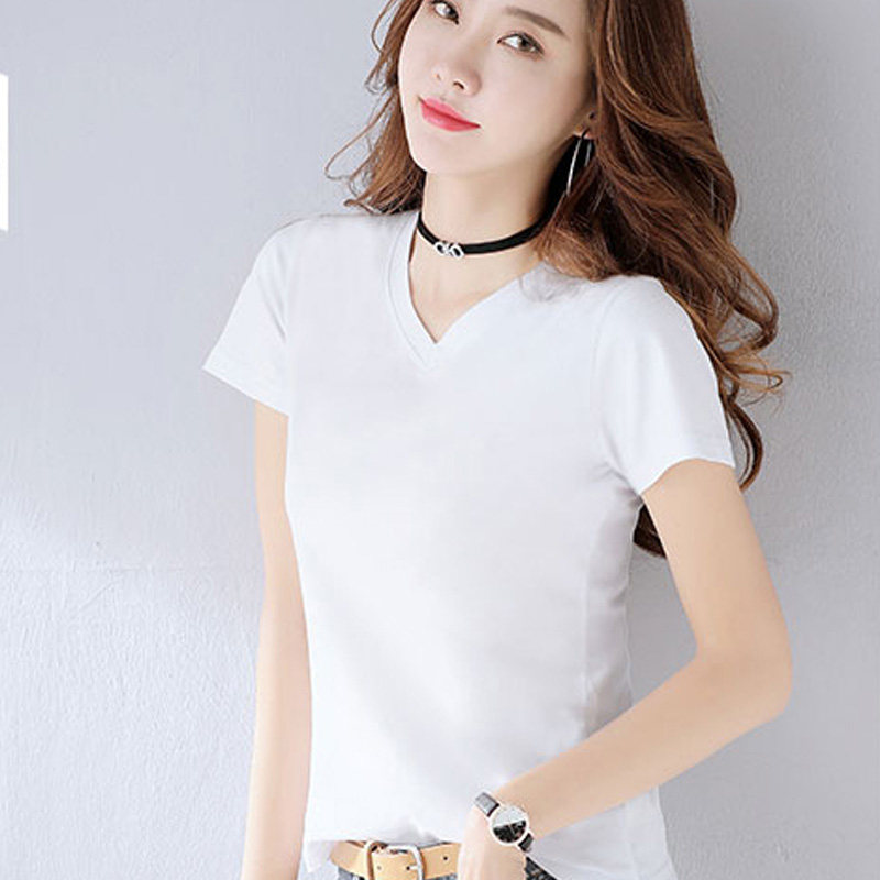 大码女装v领t恤胖妹妹mm女士宽松汗衫短袖夏纯色遮肚打底衫