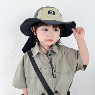 儿童防晒帽子夏季薄款时尚户外大檐太阳帽男童宝宝护脖遮阳渔夫帽