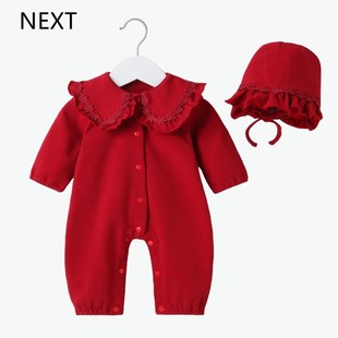 英国NEXT婴儿红色连体衣女宝宝秋装喜庆周岁满月百天哈衣抓周礼服