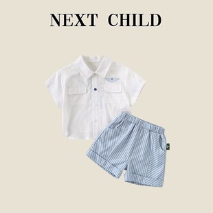 英国Next Child男宝宝洋气白衬衫短裤两件套男童印花短袖休闲套装