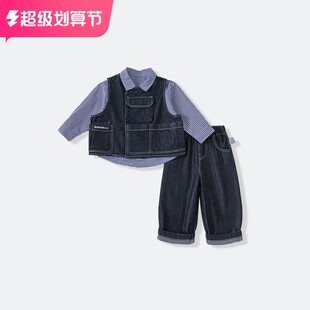 现货Next kids男童春季衬衫三件套小童牛仔马甲套装洋气男宝衣服