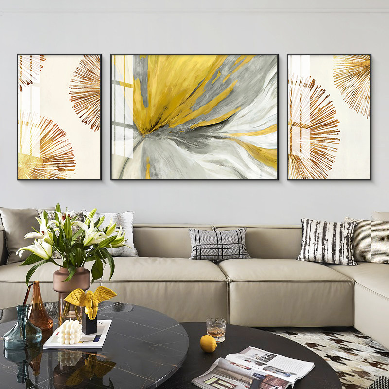 现代简约客厅装饰画抽象艺术沙发背景墙壁画轻奢挂画金属框三联画