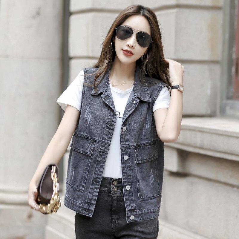 春秋款牛仔马甲女夏天中长款炸街原宿风工装马夹无袖小个子背心is