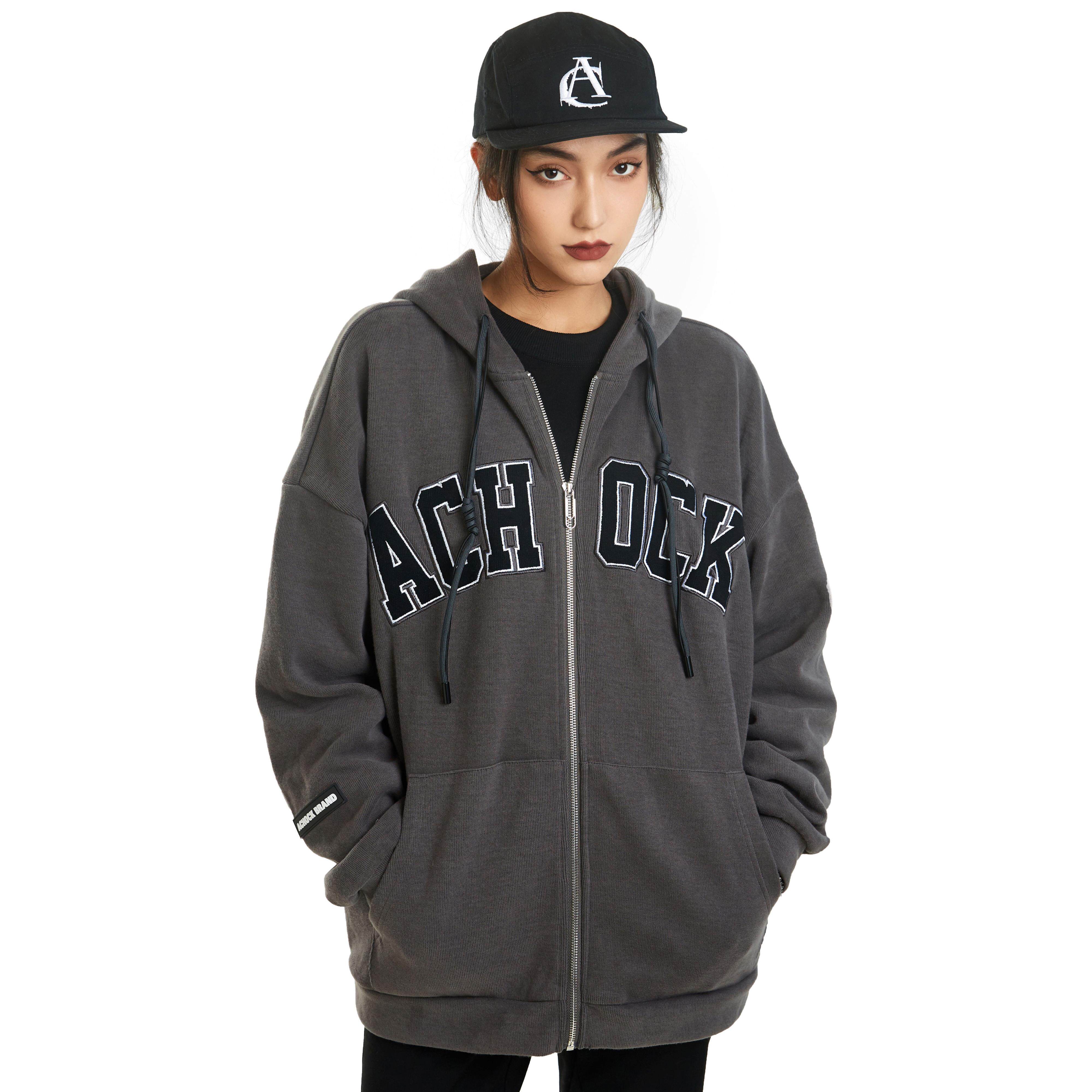 achock国潮复古基础拉链抽绳字母刺绣卫衣宽松休闲连帽开衫卫衣男