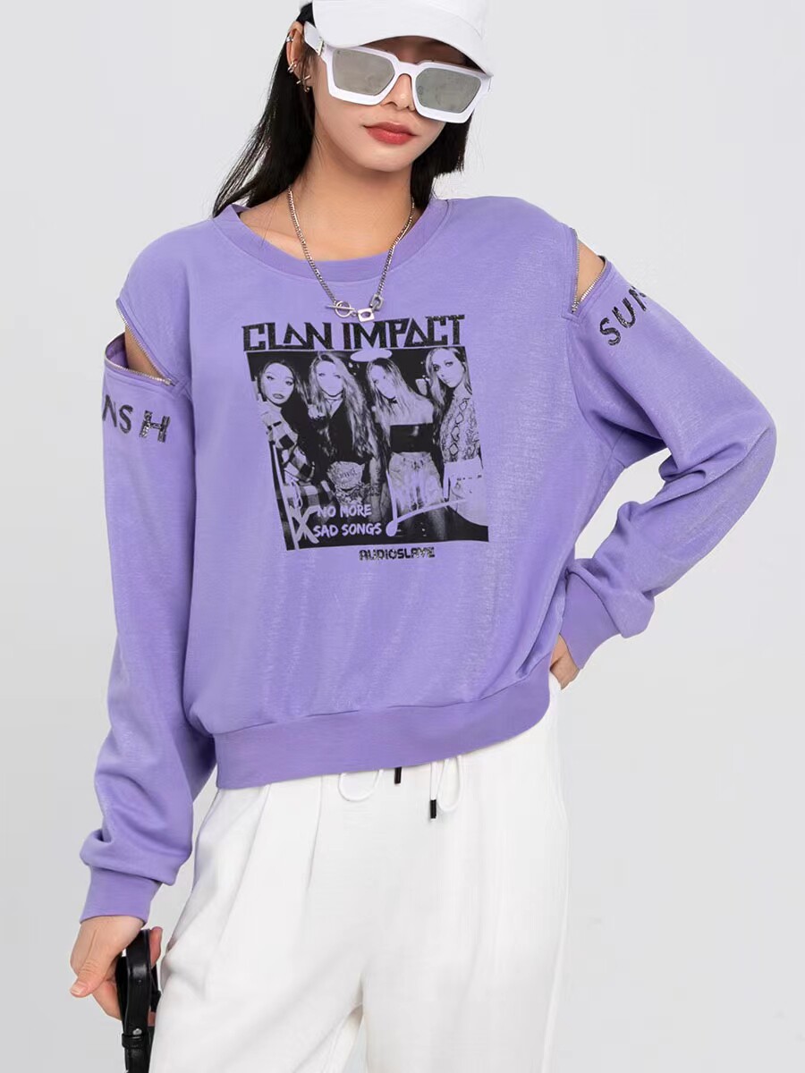 拓谷潮牌圆领卫衣女2022春新款欧货街头潮时尚香芋紫拉链套头衫女