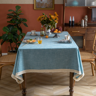 蓝色桌布布艺棉麻轻奢高级感简约现代餐桌会议定制长方形高档条桌