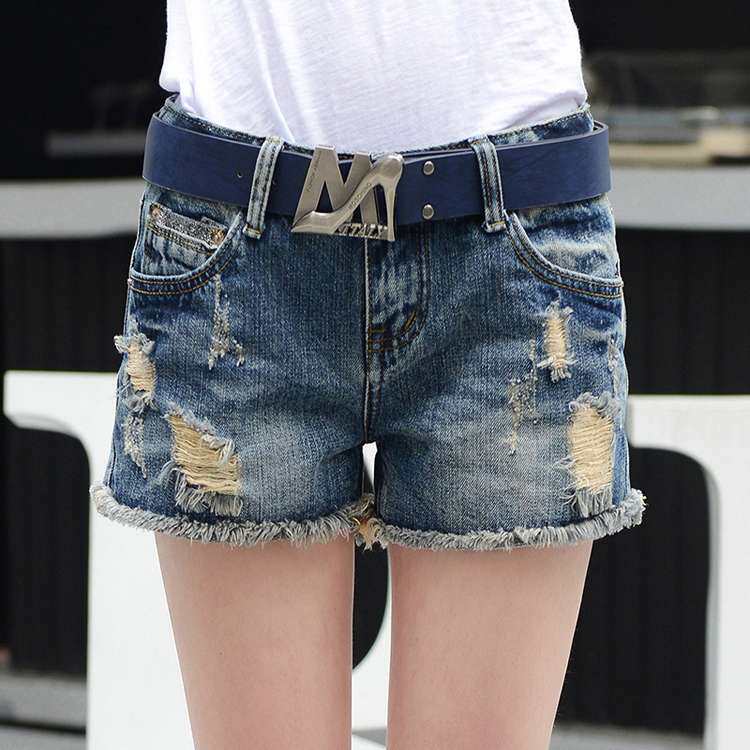 夏季韩版牛仔短裤大码女装宽松翻边钉珠中学生破洞毛边半截热裤优惠券