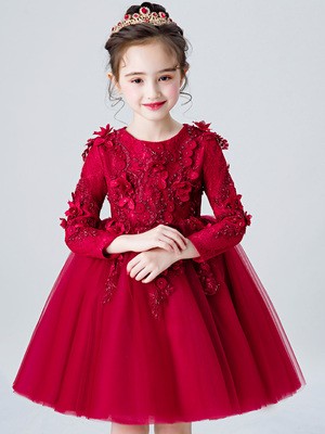 女童公主裙蓬蓬纱洋气儿童生日红色长袖模特走秀钢琴演出礼服夏季