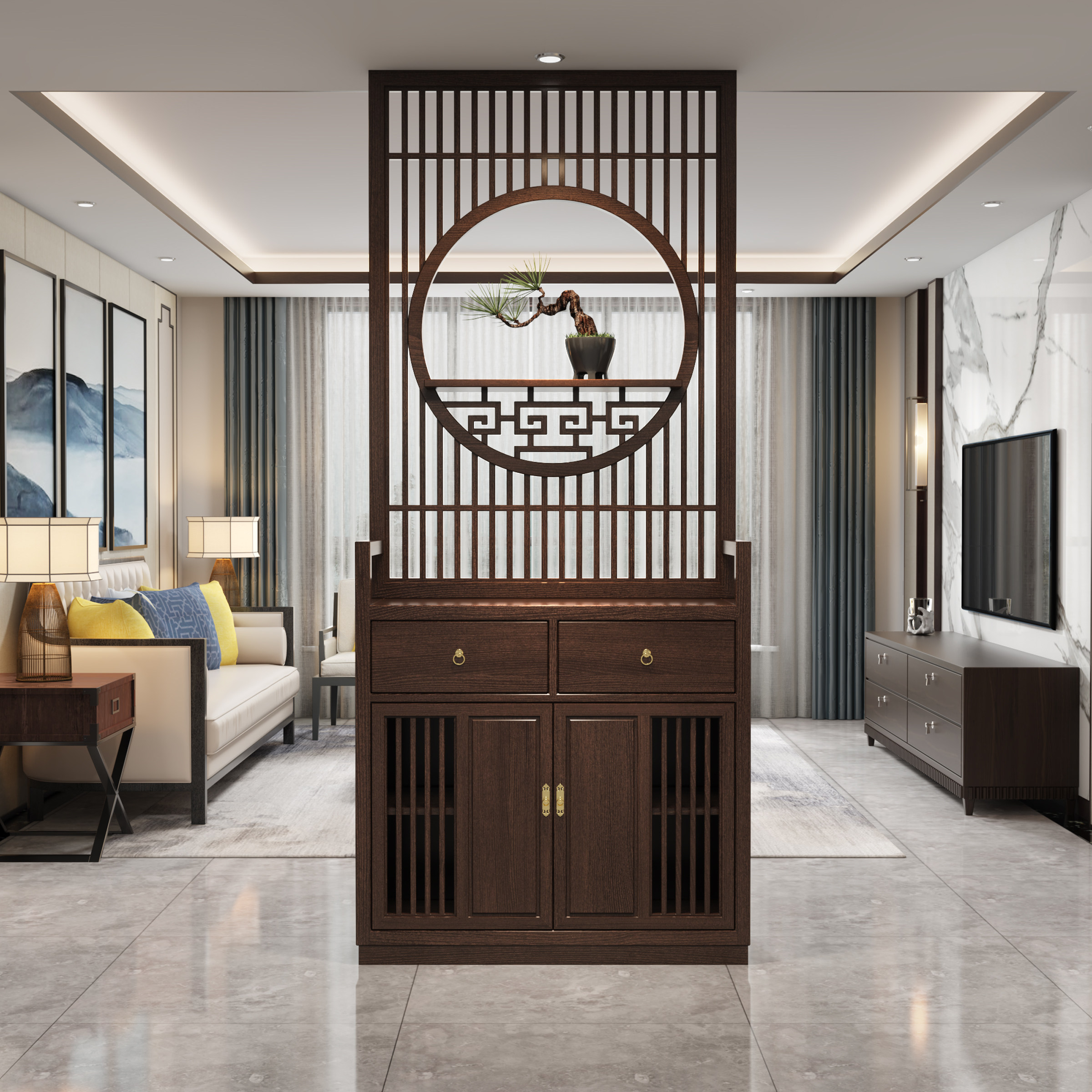 新中式实木屏风现代客厅鞋柜格栅一体定制入户装饰遮挡隔断玄关柜