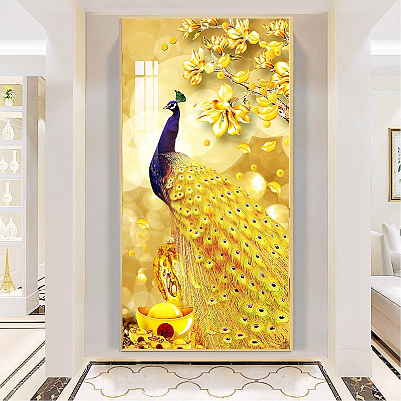 新中式入户玄关装饰画竖版进门过道墙面装饰走廊尽头挂画孔雀壁画