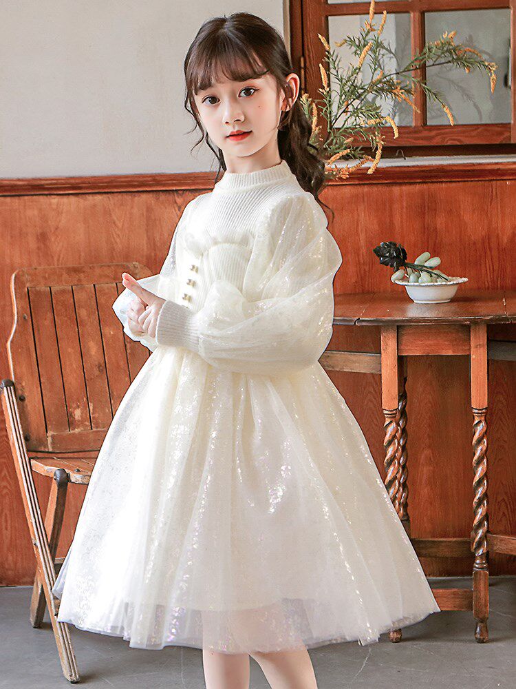 女童生日礼服纱裙冬款连衣裙2021秋冬白色公主裙儿童裙子女孩冬季