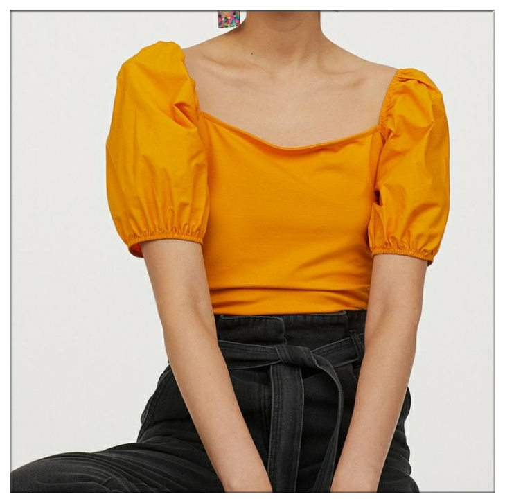 原d卖掉啦~自制款 泡泡袖短袖t恤女法式复古大方领橘色露锁骨上衣
