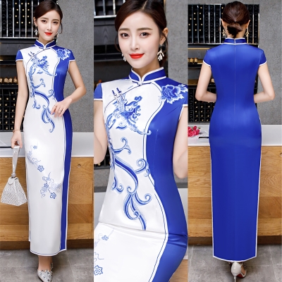 青花瓷旗袍中国风改良气质连衣裙走秀演出礼仪礼服年轻时尚款大码