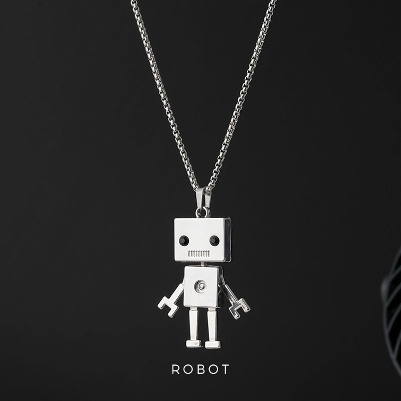 合金蹦迪盒子可爱机器人可活动四肢复古钛钢项链男女潮小众毛衣链
