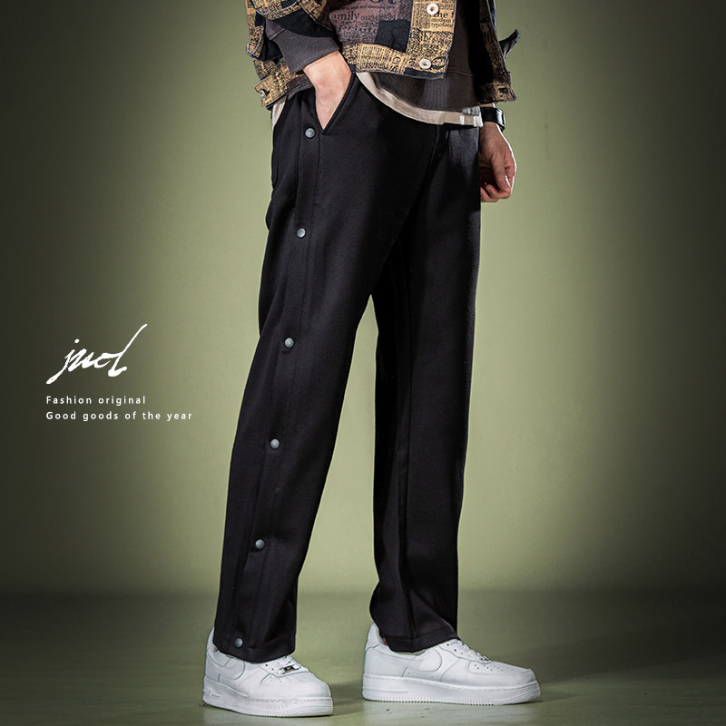侧边纽扣卫裤男直筒宽松男裤子美式潮牌春秋款针织纯棉排扣运动裤