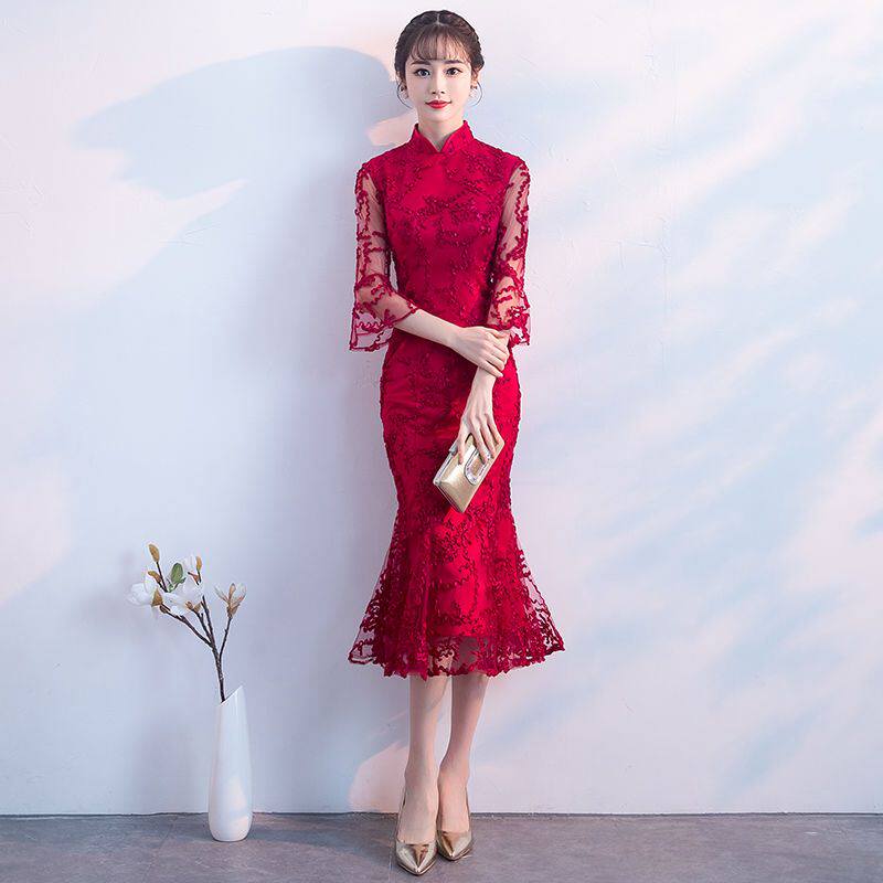 中国风改良版旗袍红色敬酒服女鱼尾连衣裙蕾丝旗袍裙新娘结婚礼服