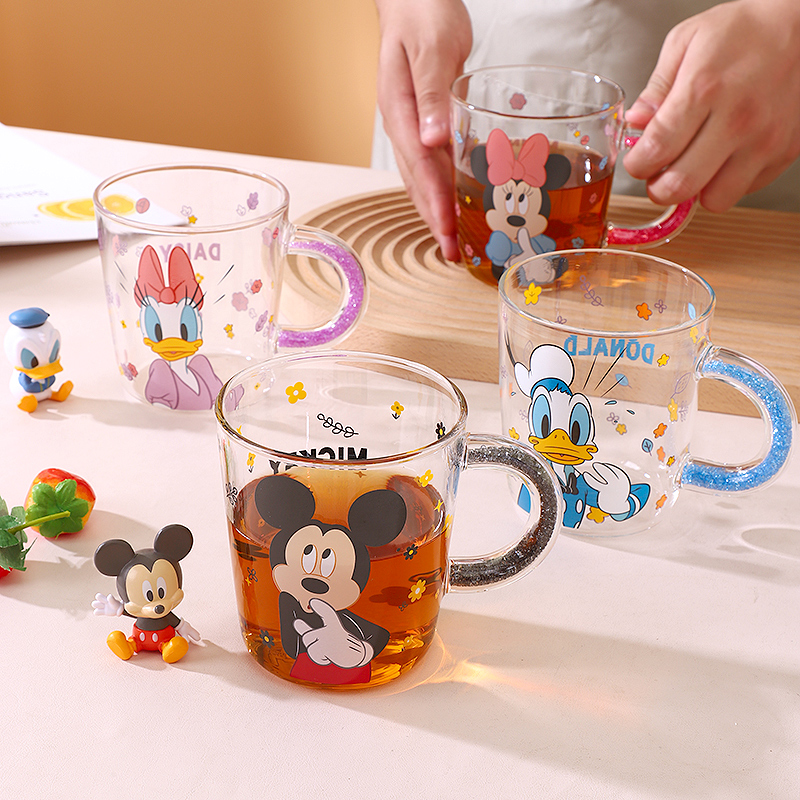 迪士尼透明玻璃杯带把手家用耐高温早餐牛奶杯咖啡杯可爱水杯女生
