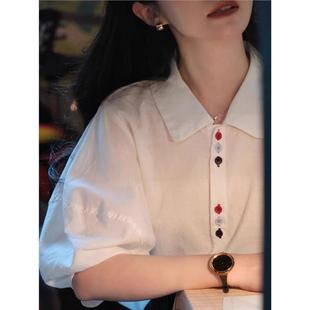 Rouje Damas 彩色纽扣设计感翻领白色短袖衬衫女夏季薄款宽松上衣
