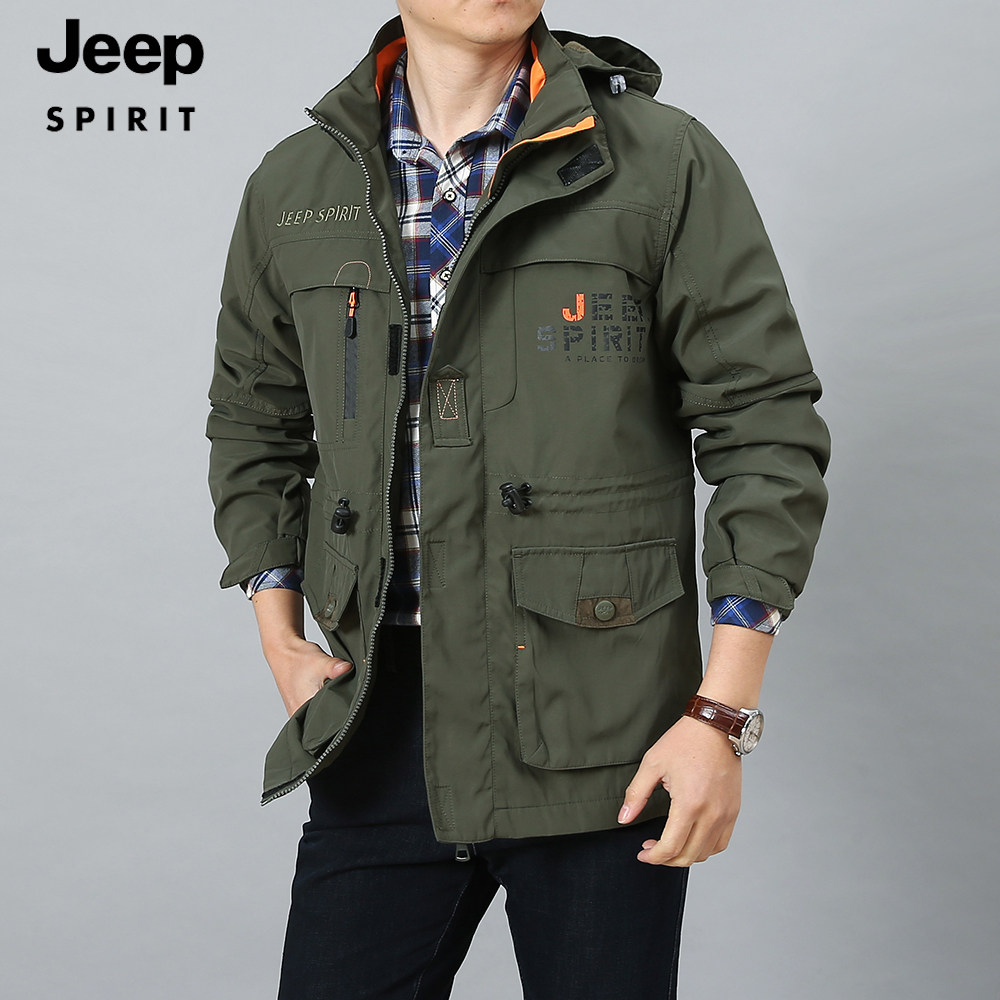 jeep/吉普加绒夹克男士宽松多口袋防风衣工装中长款大码冬装外套
