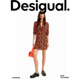 Desigual24春夏新品花卉印花翻领长袖衬衫式连衣裙