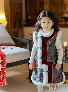 儿童拜年服女童24冬季加棉马甲背心连衣裙旗袍中国风汉服新年套装