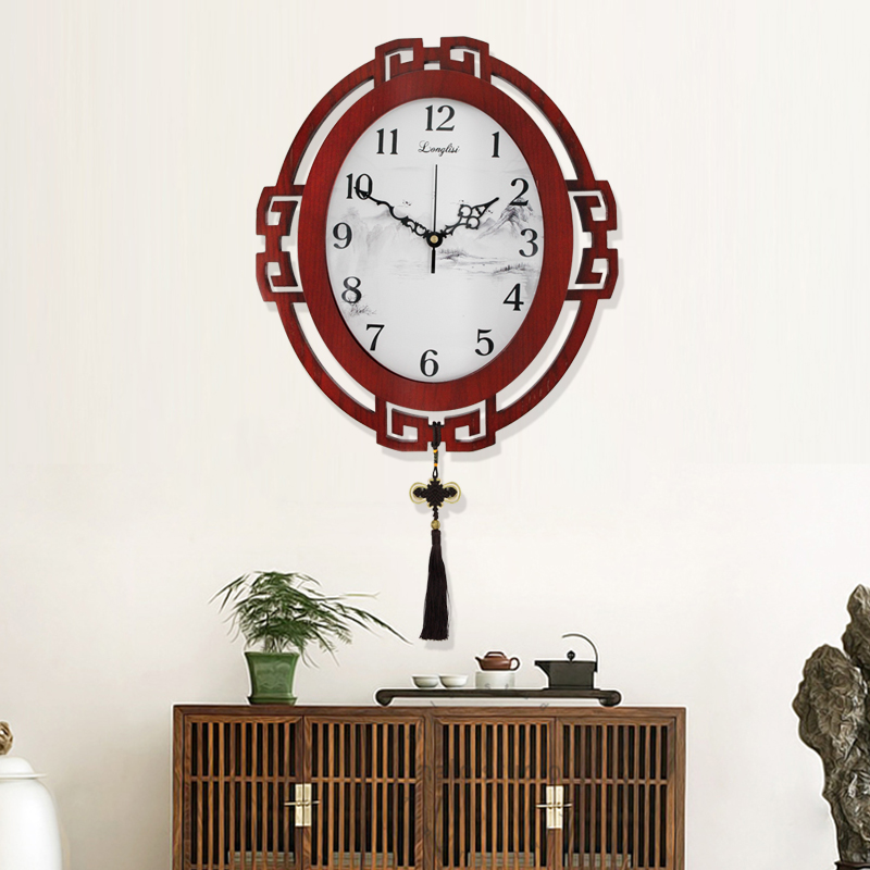 实木新中式椭圆形挂钟家用客厅装饰钟表石英挂钟创意艺术木质时钟