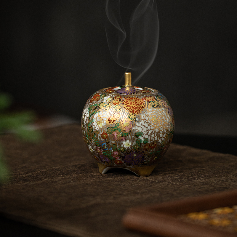 茶大叔日本进口九谷烧灿金花诘金箔香炉日式家用茶道熏香香器