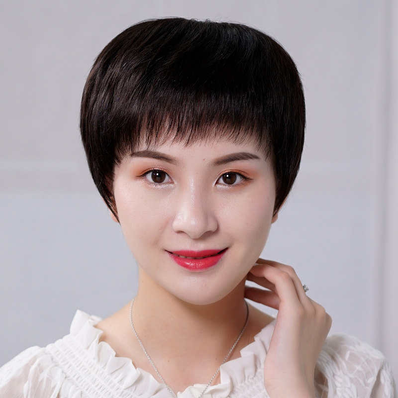 时尚妈妈真发发套气质逼真短发假发套女真人发丝中年光头圆脸可戴