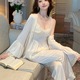 法式睡衣春秋款女真丝性感蕾丝三件套装外披吊带长裤家居服送礼物