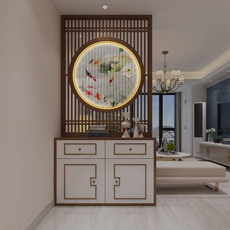 中式入户玄关装饰画半透明屏风隔断挂画带灯发光圆形画家和万事兴