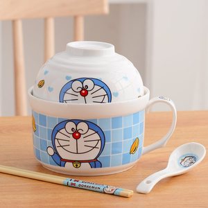 早餐便当日式方便面汤碗带把带盖大号泡面碗陶瓷杯饭盒卡通泡面杯