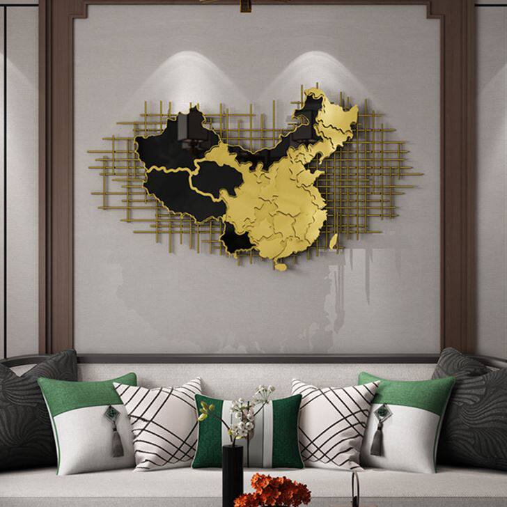 中式客厅沙发背景墙面样板间餐厅金属地图铁艺挂件家居玄关软装饰