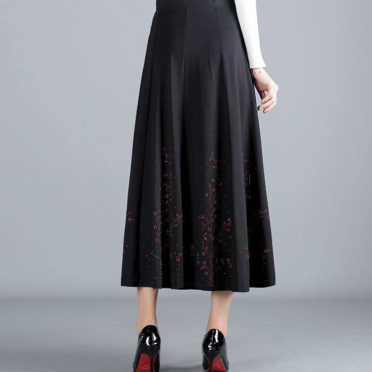 新品秋冬中老年半身裙女大摆长款妈妈烫钻大码中厚黑色跳舞长裙子