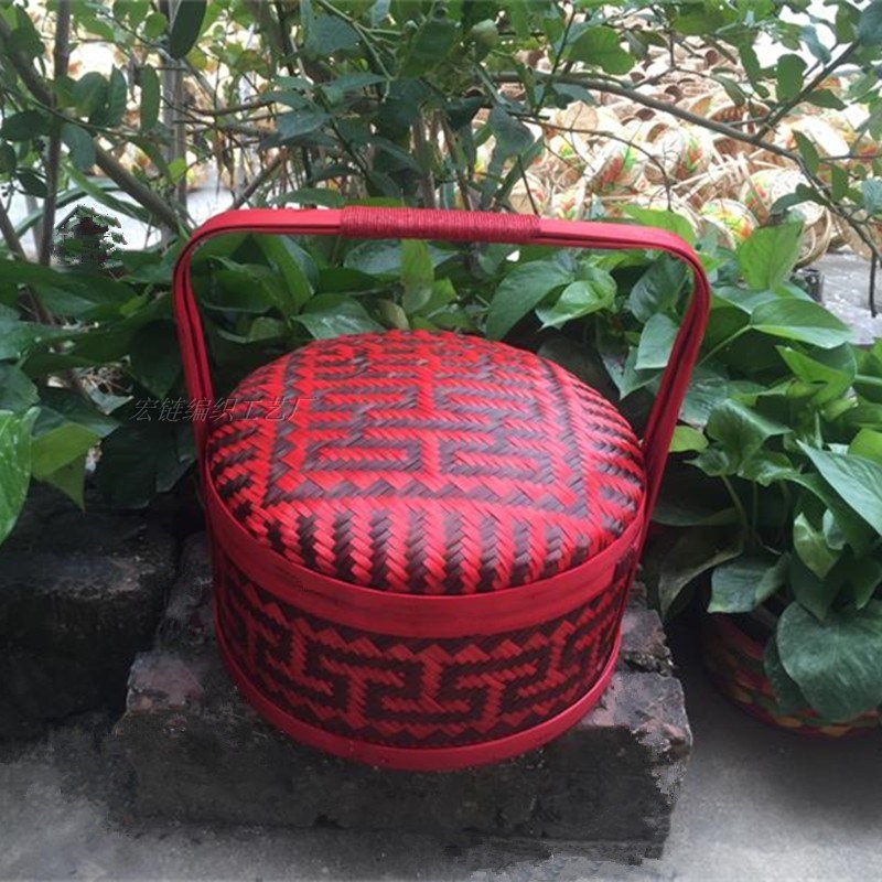 结婚喜篮子红色婚庆用喜庆红带盖喜事竹编篮伴手礼编织手提篮礼盒