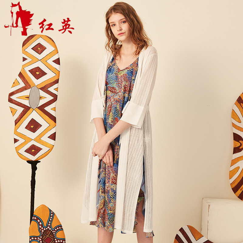 vivian liu/红英 g1916302 春女装新条纹九分袖抽绳长款针织开衫