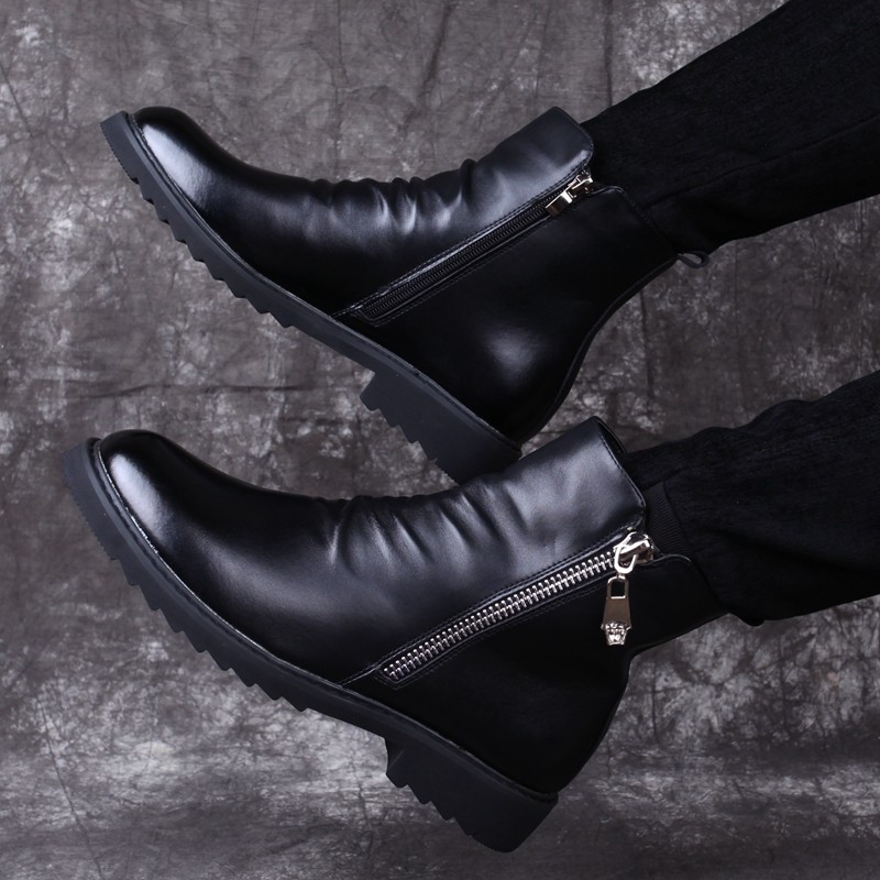 马丁靴男士尖头皮靴透气休闲男靴英伦短靴拉链时尚靴黑色中帮皮鞋