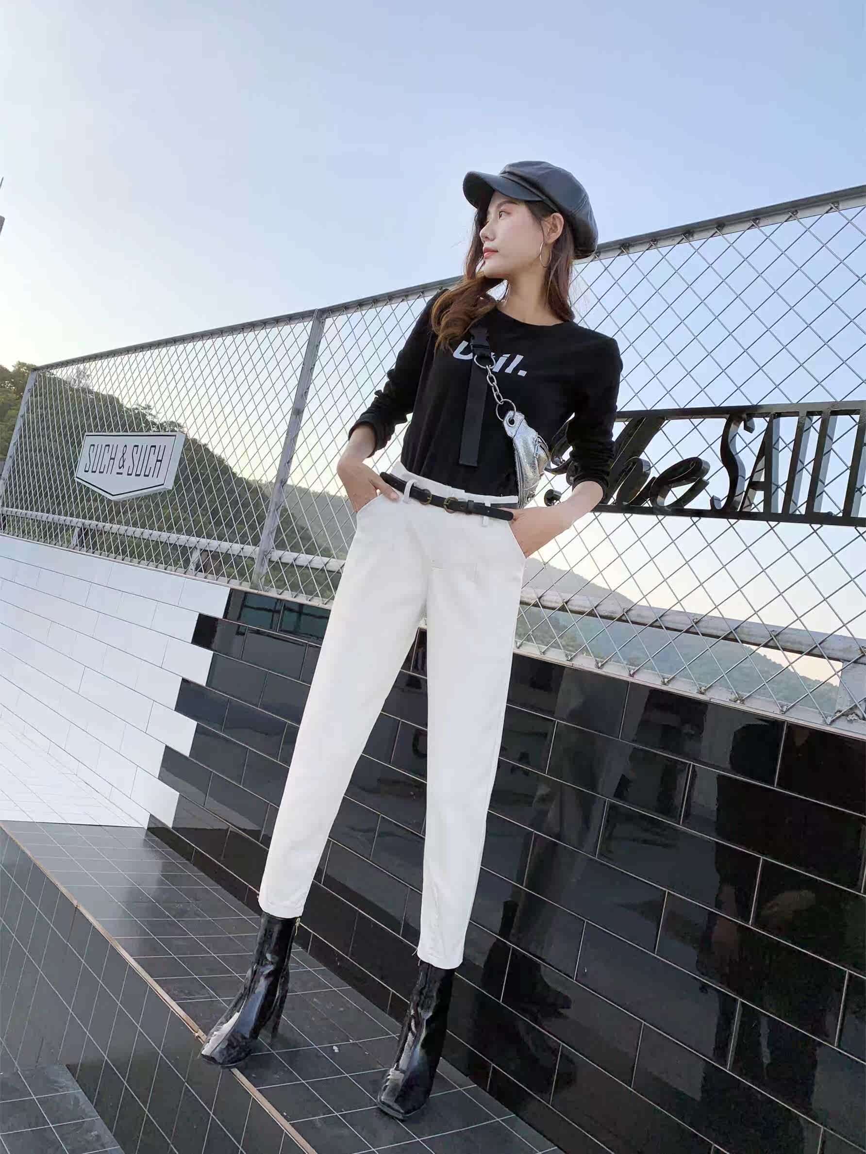 热销萝卜裤皮裤女九分白色