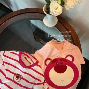 童装儿童T恤夏2024新款洋气女童宝宝卡通草莓熊粉色纯棉短袖上衣
