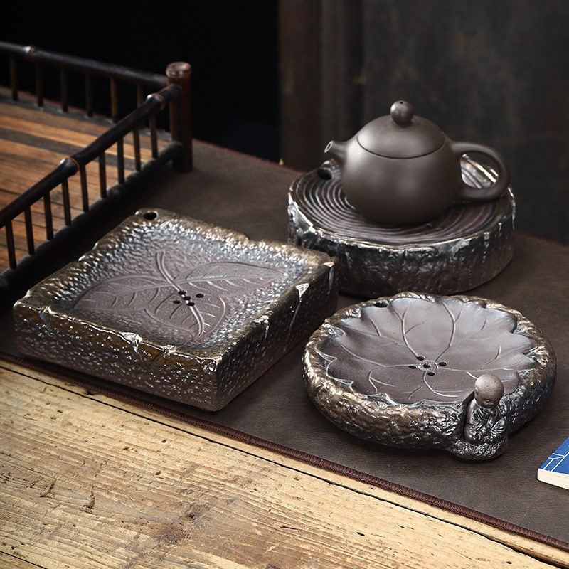 新款粗陶壶承陶瓷干泡台排水储水茶盘中式复古托盘茶具茶托茶台