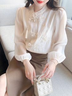 新中式国风长袖衬衫女春季2024年春装新款流苏白色衬衫盘扣上衣女