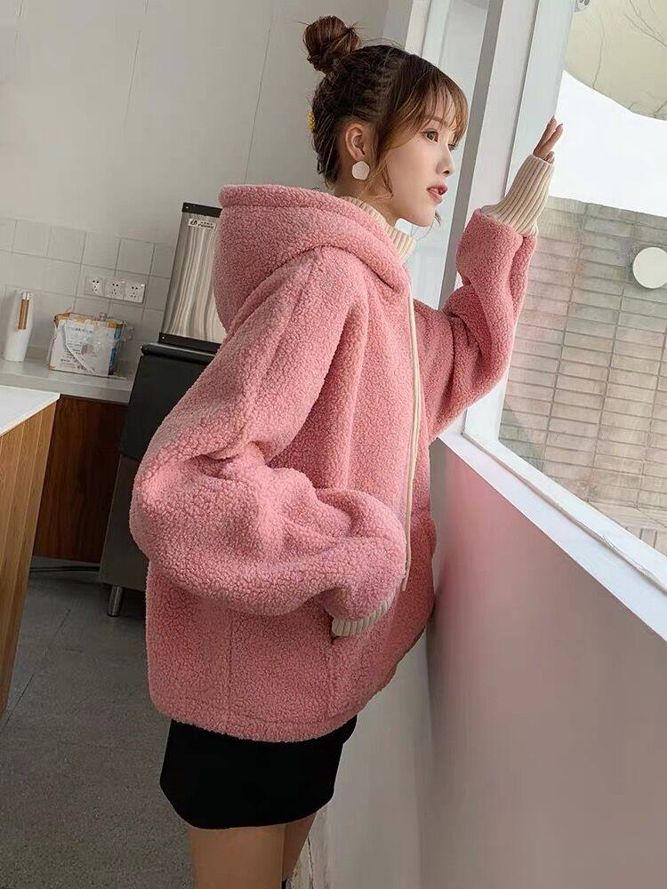 加绒加厚连帽卫衣女冬季ins仿羊羔毛绒保暖半高领显瘦大码宽松